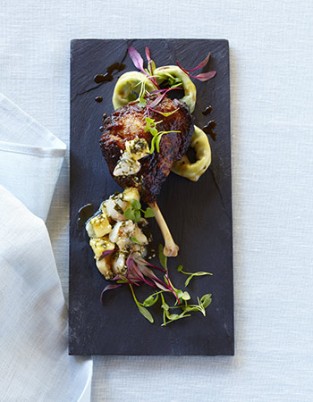 Vanilla Lacquer Duck Leg with Shanghai Dim Sum & Lychee Lime Relish, recipe by Paul Jobin, food styling by Natasha MacAller