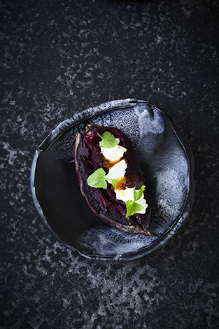 Charred Kumara with Goats Cheese, Manuka Honey & Puha. Hiakai Winter Menu by Monique Fiso. Recipe and food styling by Monique Fiso. Styling and photography by Manja Wachsmuth.